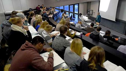 Studierende sitzen in einem Hörsaal.