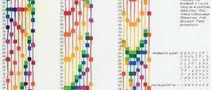 Gezeichneter Rhythmus. In „Counting in eight, moving by colour“ verbindet die Künstlerin Channa Horwitz Zeit, Bewegung, Töne und Farben. 