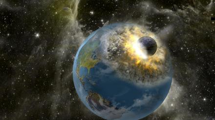Etwas übertrieben. Diese Grafik zeigt wie ein riesiger Asteroid auf die Erde trifft. Der vermutete Einschlag von Australien ist kleiner - wenn er denn überhaupt stattgefunden hat. 