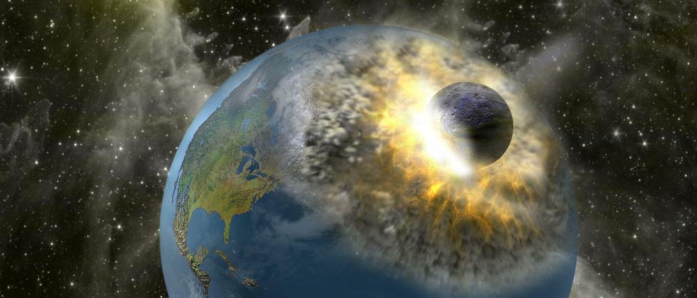 Etwas übertrieben. Diese Grafik zeigt wie ein riesiger Asteroid auf die Erde trifft. Der vermutete Einschlag von Australien ist kleiner - wenn er denn überhaupt stattgefunden hat. 