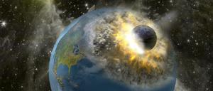 Etwas übertrieben. Diese Grafik zeigt wie ein riesiger Asteroid auf die Erde trifft. Der vermutete Einschlag von Australien ist kleiner - wenn er denn überhaupt stattgefunden hat. 
