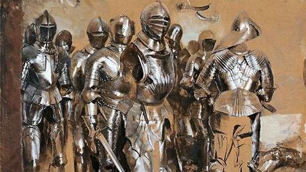Die Studie "Stehende Rüstungen" von 1966 stammt aus Menzels Serie der "Rüstkammer-Phantasien". Gouache und Bleistift auf braunem Papier, 45 mal 57,9 cm. Sie erzielte 3,5 Millionen Euro. 