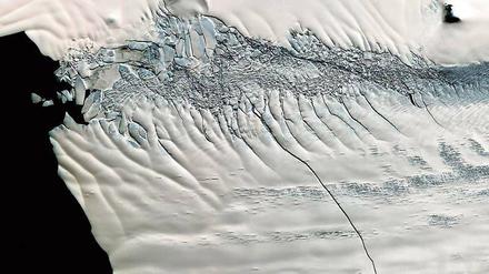Erste Spuren der Eisschmelze. In der Westantarktis mehren sich seit mehreren Jahren die Anzeichen, dass der Eisschild dort instabil wird. Das Foto der amerikanischen Weltraumbehörde Nasa stammt aus dem Jahr 2011 und zeigt einen etwa 30 Kilometer langen Riss im Pine-Island-Gletscher. Er war zu diesem Zeitpunkt 80 Meter breit und 60 Meter tief. Seither sind Teile der Eismassen abgebrochen und die Gletscher der Westantarktis sind ins Rutschen geraten. Im Osten wächst das Meereis dagegen.