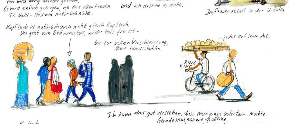 Kopftuch oder nicht? Eine von Barbara Yelins Alltagsbeobachtungen, die bei Ihrem Besuch 2011 entstanden.
