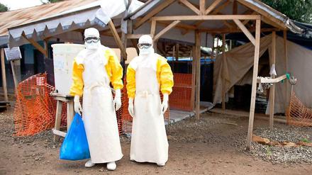 Zwei Helfer beseitigen womöglich infiziertes Material in Gueckedou in Guinea, der Region, in der das Virus vor einem Jahr erstmals aufgetreten ist, und von wo es sich vor allem in drei westafrikanischen Ländern rasant ausgebreitet hat.