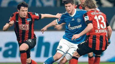 Unhaltbar. Schalkes Torschütze Klaas-Jan Huntelaar umkurvt hier Herthas Per Skjelbred – Nico Schulz kann nur zuschauen.