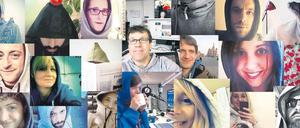 Im Namen der Kapuze: Kolleginnen und Kollegen von Stefan Plöchinger posteten und twitterten solidarische Selfies mit Kapuze, unter anderem auch Tagesspiegel-Online-Chef Markus Hesselmann (oben, Mitte).