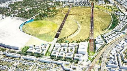 Zwei Pisten, viele Ideen. So könnte das Flughafenviertel in ferner Zukunft einmal aussehen. Die beiden alten Landebahnen sind noch immer zu erkennen. Rechts ist die Autobahn zu sehen, am Tempelhofer Damm die neuen Häuser samt Bibliothek.