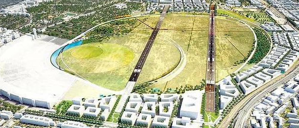 Zwei Pisten, viele Ideen. So könnte das Flughafenviertel in ferner Zukunft einmal aussehen. Die beiden alten Landebahnen sind noch immer zu erkennen. Rechts ist die Autobahn zu sehen, am Tempelhofer Damm die neuen Häuser samt Bibliothek.
