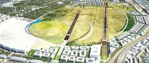 Zwei Pisten, viele Ideen. So könnte das Flughafenviertel in ferner Zukunft einmal aussehen. Die beiden alten Landebahnen sind noch immer zu erkennen. Rechts ist die Autobahn zu sehen, am Tempelhofer Damm die neuen Häuser samt Bibliothek.