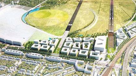 Baufeld West. Direkt am Tempelhofer Damm – zwischen dem alten Terminal und S-Bahnhof (rechts unten) – sollen die ersten 1700 Wohnungen entstehen. Das große Gebäude soll einmal die Landesbibliothek werden.