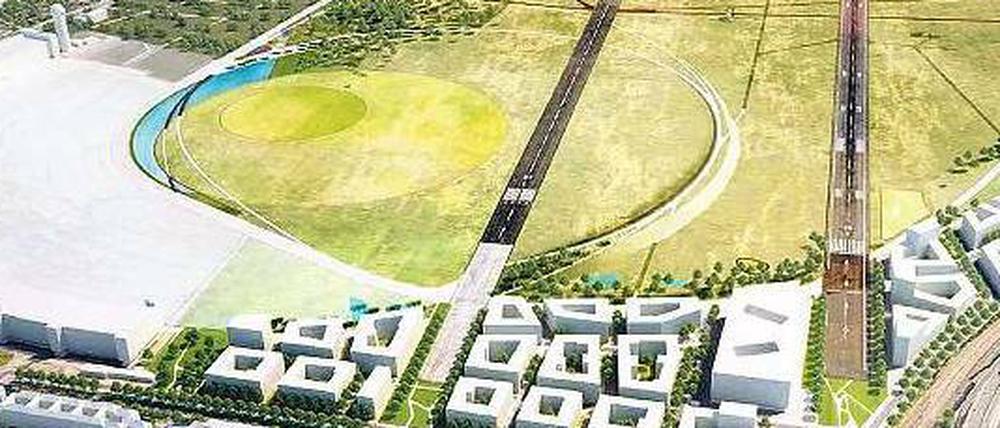 Baufeld West. Direkt am Tempelhofer Damm – zwischen dem alten Terminal und S-Bahnhof (rechts unten) – sollen die ersten 1700 Wohnungen entstehen. Das große Gebäude soll einmal die Landesbibliothek werden.
