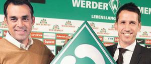 Träger der grünen Hoffnung. Trainer Robin Dutt (links) und Geschäftsführer Thomas Eichin haben in Bremen schon viel bewegt, auch bei Pressekonferenzen.