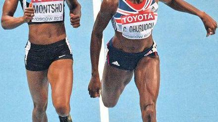 Rechts vor links. Ohuruogu (r.) liegt im Ziel nur um Millimeter vor Montsho. Foto: AFP