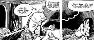 Eine Seite aus Craig Thompsons Comicroman "Habibi". Ein Mädchen muss seinem älteren Bräutigum in der Hochzeitsznacht hörig sein. Es hat Angst, dann der Mann, der das Laken mit Blutfleck hochhält.