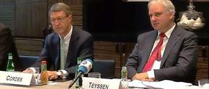 Die Ost-Ausschuss-Vorsitzenden Eckhard Cordes (Ex-Metro-Chef) und Johannes Teyssen (Eon-Chef) am Donnerstag, den 11. Juli 2013, bei einer Pressekonferenz in Berlin.