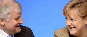 Angela Merkel und Horst Seehofer lächeln sich beim Bundesparteitag im Dezember 2012 auf dem Podium an.