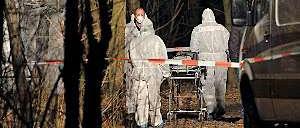 Gerichtsmediziner transportieren den Babyleichnam in einem Waldstück in Hellersdorf ab. Es wurde von einer Spaziergängerin entdeckt.
