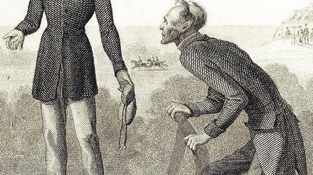 Mann ohne Schatten. Peter Schlehmil tritt ihn in Chamissos Erzählung an einen „grauen Herrn“ ab, der sich als Teufel entpuppt. Stahlstich-Illustration um 1900. 