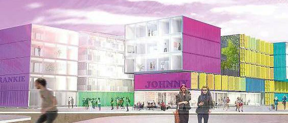Containerviertel: Diese Anlage soll an der Eichbuschallee im Plänterwald entstehen, nahe dem Spreepark. Der Büro "Holzer Kolber Architekten" zeichnet sich für den Entwurf verantwortlich. Die Ideen werden ab Donnerstag in Wilmersdorf ausgestellt.