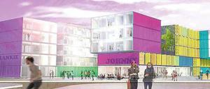Containerviertel: Diese Anlage soll an der Eichbuschallee im Plänterwald entstehen, nahe dem Spreepark. Der Büro "Holzer Kolber Architekten" zeichnet sich für den Entwurf verantwortlich. Die Ideen werden ab Donnerstag in Wilmersdorf ausgestellt.