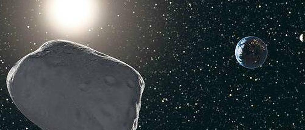 Im Anflug auf die Erde. Der Asteroid „Apophis“ mit einem Durchmesser von etwa 325 Metern raste jetzt in einer Entfernung von circa 14,5 Millionen Kilometern an der Erde vorbei. Am Freitag, dem 13. April 2029, wird er voraussichtlich in nur 22.000 Kilometern Entfernung an uns vorbeisausen. Die Grafik zeigt einen Himmelskörper ähnlich „Apophis“.