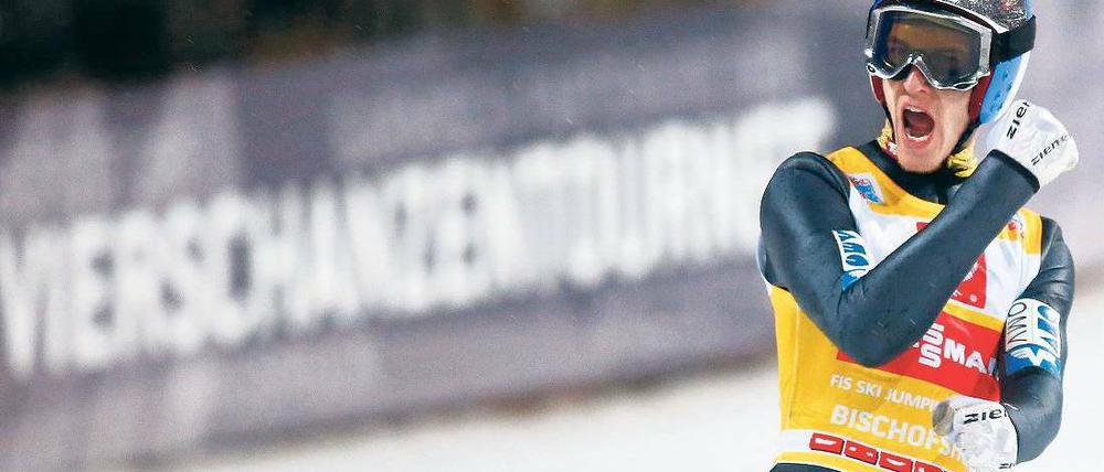 Der Schrei. Gregor Schlierenzauer musste bei seinem zweiten Sprung in Bischofshofen weit fliegen, um seinen Tourneerivalen Anders Jacobsen auf Distanz zu halten. Foto: Reuters