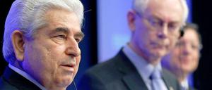 Zyperns Präsident Christofias, EU-Ratspräsident Van Rompuy and EU-Kommissionspräsident Barroso bei einer Pressekonferenz nach einem Gipfel der EU-Regierungen in Brüssel.