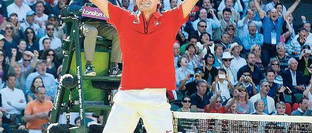 Schweizer Präzision. Nach einem epischen Match bejubelte der Weltranglistenerste Roger Federer seinen Final-Einzug. Foto: dpa
