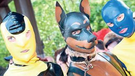 Tierisch gut drauf. Tweety, Hasso, Fantomas – alle waren sie auf dem CSD, auch die Russland-Kritiker. Der Regierende Klaus Wowereit machte sich trotzdem einen Bunten, mit US-Botschafter Philip Murphy und Innensenator Frank Henkel. Fotos: dpa