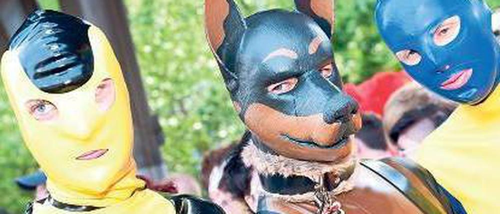 Tierisch gut drauf. Tweety, Hasso, Fantomas – alle waren sie auf dem CSD, auch die Russland-Kritiker. Der Regierende Klaus Wowereit machte sich trotzdem einen Bunten, mit US-Botschafter Philip Murphy und Innensenator Frank Henkel. Fotos: dpa
