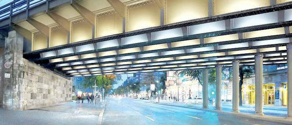 Der Stahl ist der Star. Ab dem Frühjahr 2013 soll die Bahnbrücke in der Kantstraße nahe dem Bahnhof Zoo in schlichtem Weiß erstrahlen.