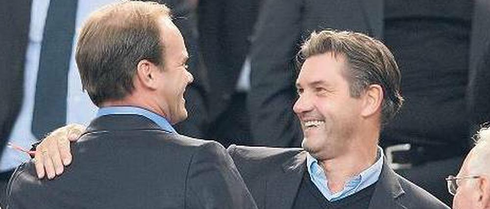 Michael Zorc, 49, (hier rechts zusammen mit Bayern Münchens Sportdirektor Christian Nerlinger) spielte zwischen 1981 und 1998 463-mal in der Bundesliga für Borussia Dortmund und gewann in dieser Zeit Champions League, Deutsche Meisterschaft und DFB-Pokal. Seit dem Ende seiner aktiven Karriere arbeitet er als Sportdirektor.