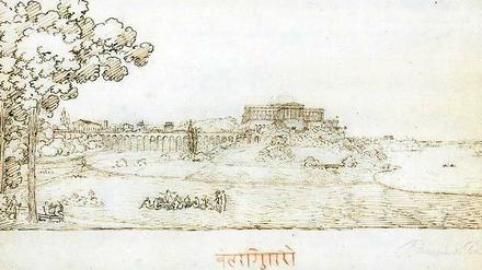 Klassisch gebildet. Nach dem Lustschloss „Belriguardo“ in Goethes „Tasso“ benannte der Kronprinz seine geplante Potsdamer Residenz, die er in dieser Zeichnung von 1823 in der indischen Schrift Devanagari benennt. Die Zeichnung wird von der Stiftung Schlösser und Gärten Potsdam verwahrt, Schinkels Blatt (u.) vom Kupferstichkabinett der Staatlichen Museen zu Berlin.