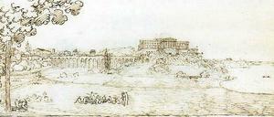 Klassisch gebildet. Nach dem Lustschloss „Belriguardo“ in Goethes „Tasso“ benannte der Kronprinz seine geplante Potsdamer Residenz, die er in dieser Zeichnung von 1823 in der indischen Schrift Devanagari benennt. Die Zeichnung wird von der Stiftung Schlösser und Gärten Potsdam verwahrt, Schinkels Blatt (u.) vom Kupferstichkabinett der Staatlichen Museen zu Berlin.