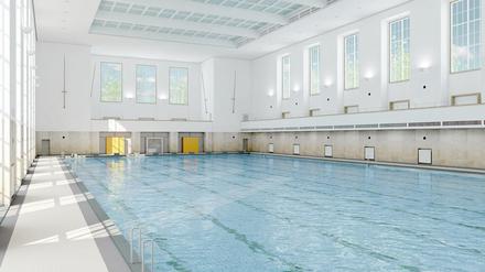 Hell und groß. So soll die denkmalgeschützte Schwimmhalle Finckensteinallee nach der Sanierung aussehen.
