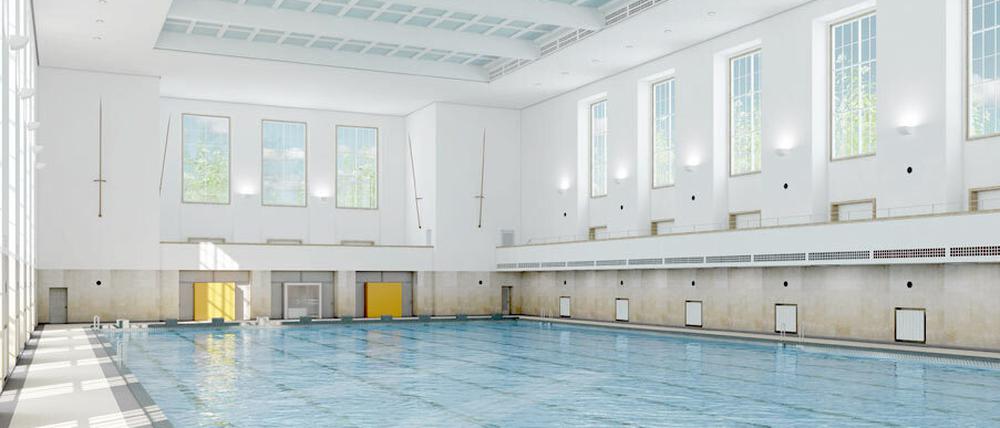 Hell und groß. So soll die denkmalgeschützte Schwimmhalle Finckensteinallee nach der Sanierung aussehen.