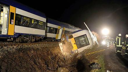 Nach der Kollision mit der Rinderherde entgleiste der Zug. 120 Feuerwehrleute waren am Freitagabend an der Unglücksstelle in Schleswig-Holstein im Einsatz.