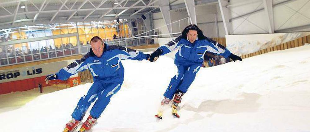 Paarlauf. 130 Meter lang ist die Abfahrt, das Gefälle ist eher etwas für Anfänger. 