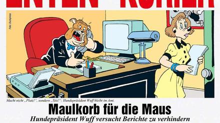 Anruf bei Kai Quiekmann. Hundepräsident Wuff versucht einen Artikel über seine Privathütte und Aufenthalte in luxuriösen Tierpensionen zu verhindern. 
