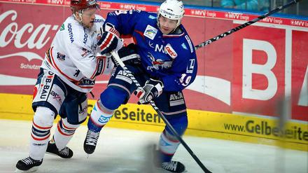 Der Mannheimer Ken Magowan (r) schirmt gegen den Berliner Jimmy Sharrow den Puck ab.