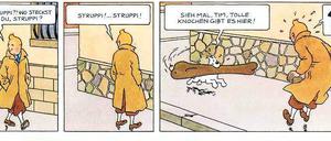 Tierische Knochenjagd. Diese Szene aus „König Ottokars Zepter“ spielt im Berliner Naturkundemuseum: Der belgische Zeichner Hergé nahm ein Foto aus der Invalidenstraße als Vorlage. Das Lettering ist von Dirk Rehm.