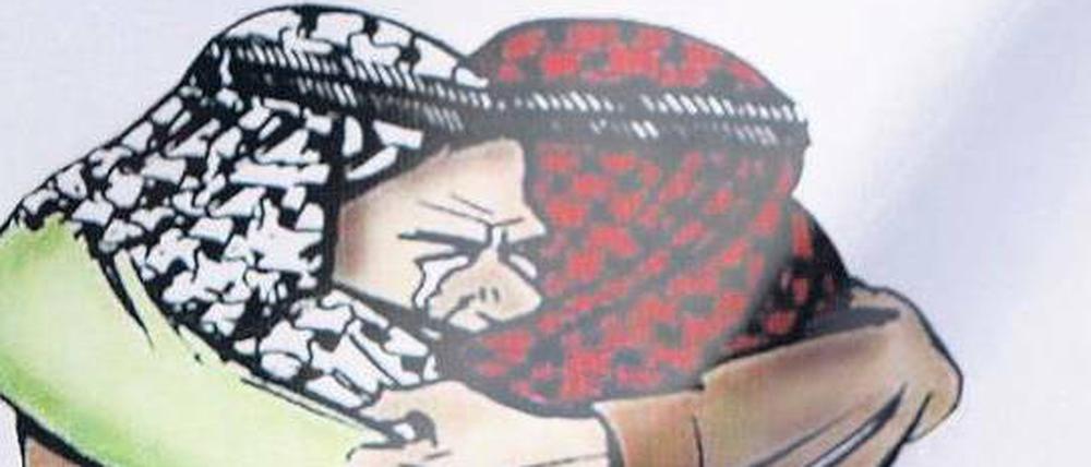 „Brüder, egal was passiert“. Ein Bewohner Jerusalems neben einem Plakat, auf dem sich Vertreter der palästinensischen Fatah und der Hamas umarmen. 