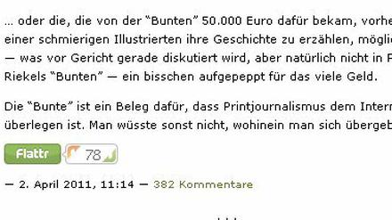 78 mal 50 Cent - auch abzüglich einer Flattr-Gebühr von mindestens zehn Prozent, bleibt für den Medienjournalisten Stefan Niggemeier, von dessen Seite dieser Screenshot stammt, für diesen Text zumindest mehr als nichts. 