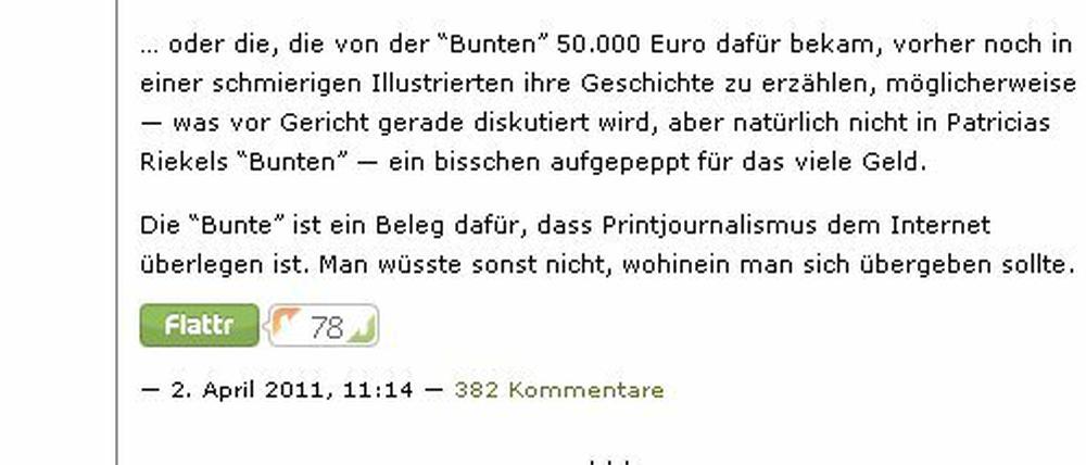 78 mal 50 Cent - auch abzüglich einer Flattr-Gebühr von mindestens zehn Prozent, bleibt für den Medienjournalisten Stefan Niggemeier, von dessen Seite dieser Screenshot stammt, für diesen Text zumindest mehr als nichts. 