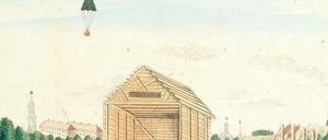 Kopf im Nacken. Die ersten Ballonfahrten wurden unten mit Spannung verfolgt. Das Bild zeigt Blanchards Flug. Foto: akg-images