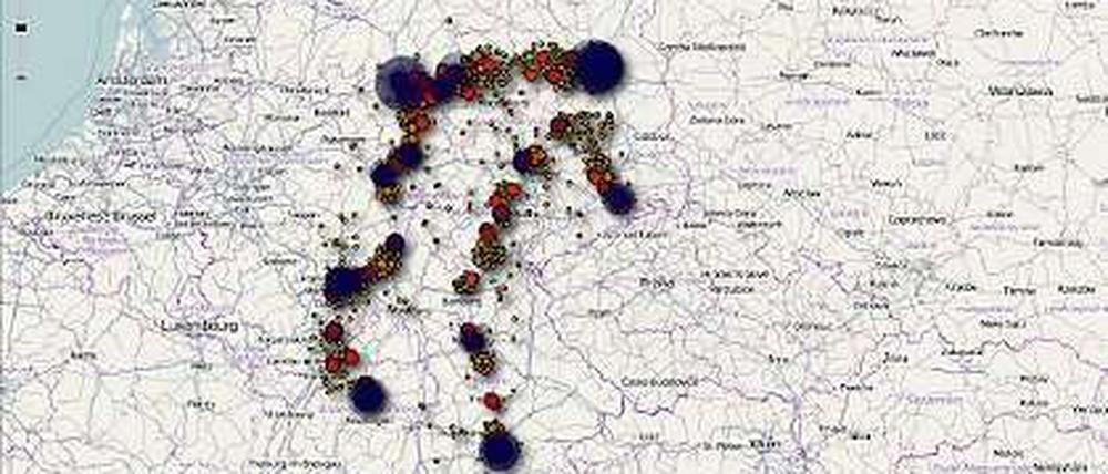 Der Screenshot erstellt mit iPhoneTracker zeigen die die Ortungsdaten eines iPads in Deutschland.