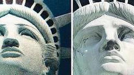 Links: Briefmarke mit Las-Vegas-Motiv, rechts ist die wahre Freiheitsstatue. Foto: AFP