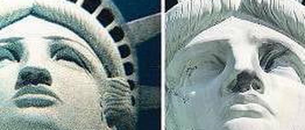 Links: Briefmarke mit Las-Vegas-Motiv, rechts ist die wahre Freiheitsstatue. Foto: AFP