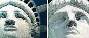 Links: Briefmarke mit Las-Vegas-Motiv, rechts ist die wahre Freiheitsstatue. Foto: AFP